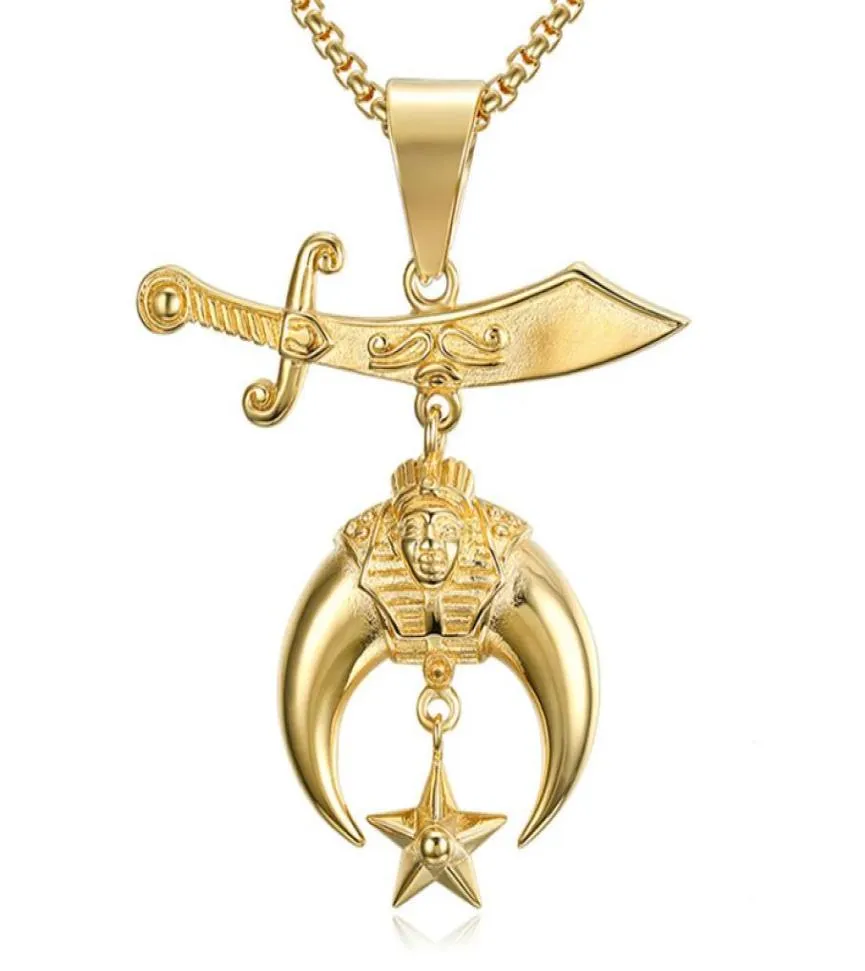 Modna złota srebrna stee shriner Naszyjnik Scimitar Moon Star Sanktuarium Wisior Masonic Mason Faraoh Biżuteria do mężczyzn2875896