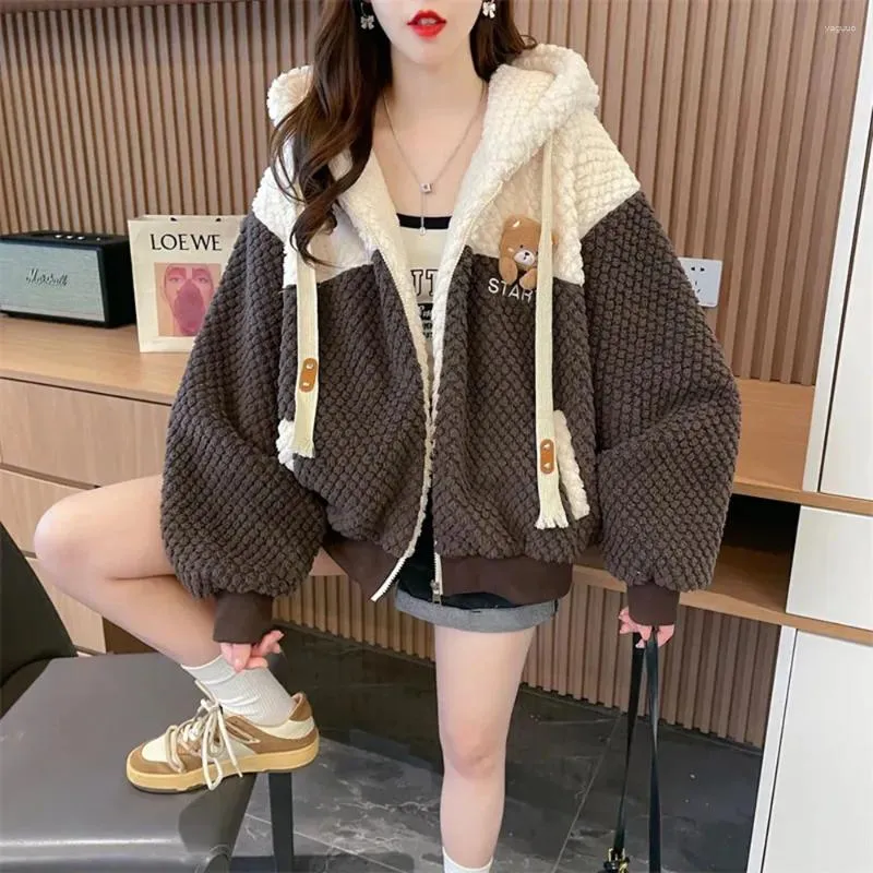 Women's Hoodies Autumn Winter Lamb Wool Cute Sweatshirts Coat Trend Thicken Loose Hooded Jacket Female Cartoon Bear Casual Tops