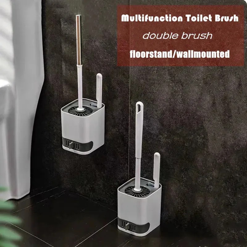 Porte-brosses de toilette Ensemble de brosse de toilette murale étanche 2 brosses de nettoyage Brosse de toilette en silicone avec support pour accessoires de salle de bain au sol 231212