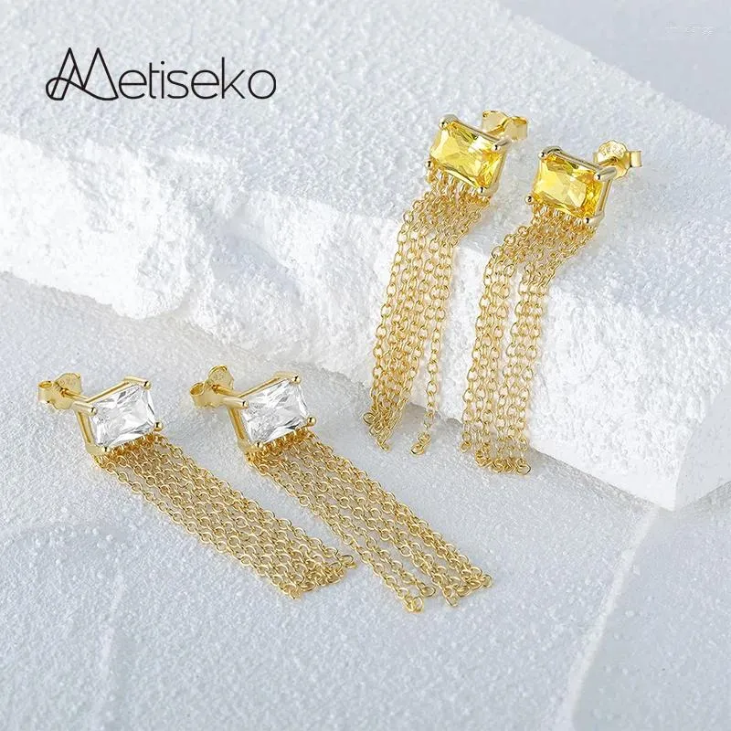 Boucles d'oreilles Metiseko 925 en argent Sterling carré jaune Zircon glands élégant bijoux distinctifs pour les femmes fête