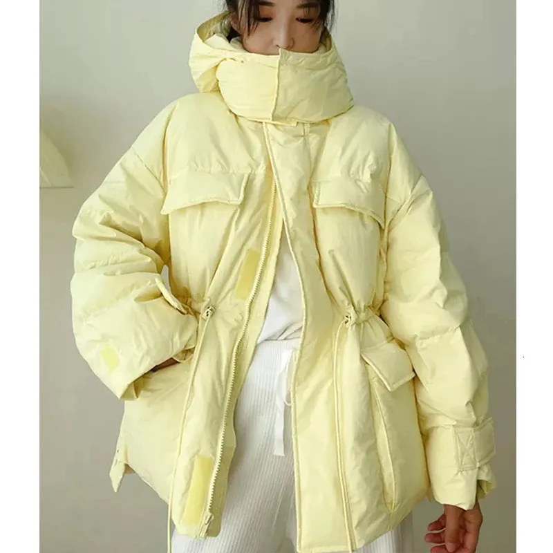 Women's Down Parkas Winter Hooded Parkas Warm Jacket Women Down Cotton Coat Irregular Fluffy Bubble Drawcord Waist Outwear 231212