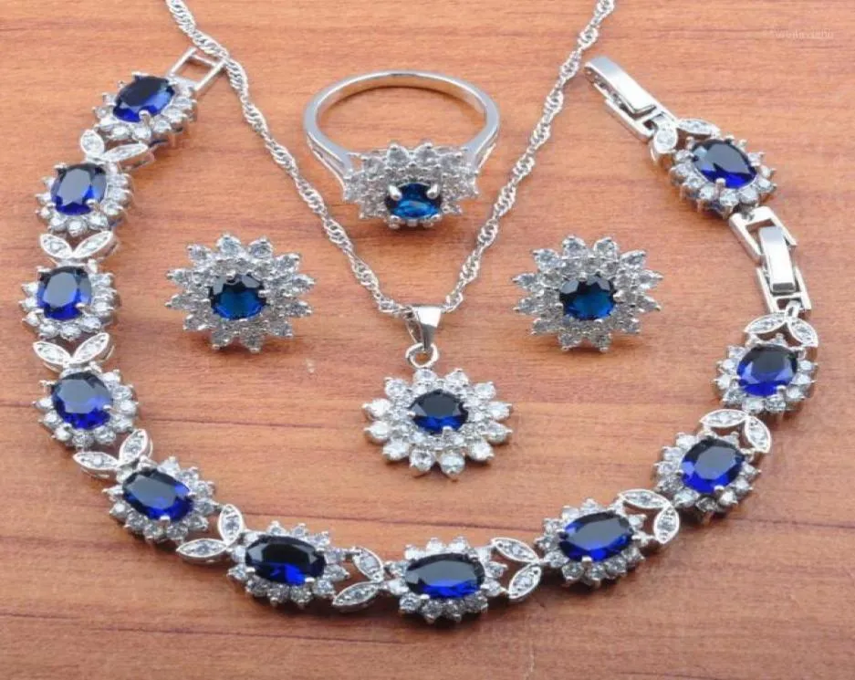Boucles d'oreilles collier couleur argent ensembles de bijoux bijoux de mariage de mariée pour les femmes bleu zircon cubique Bracelet et bague JS01529684077
