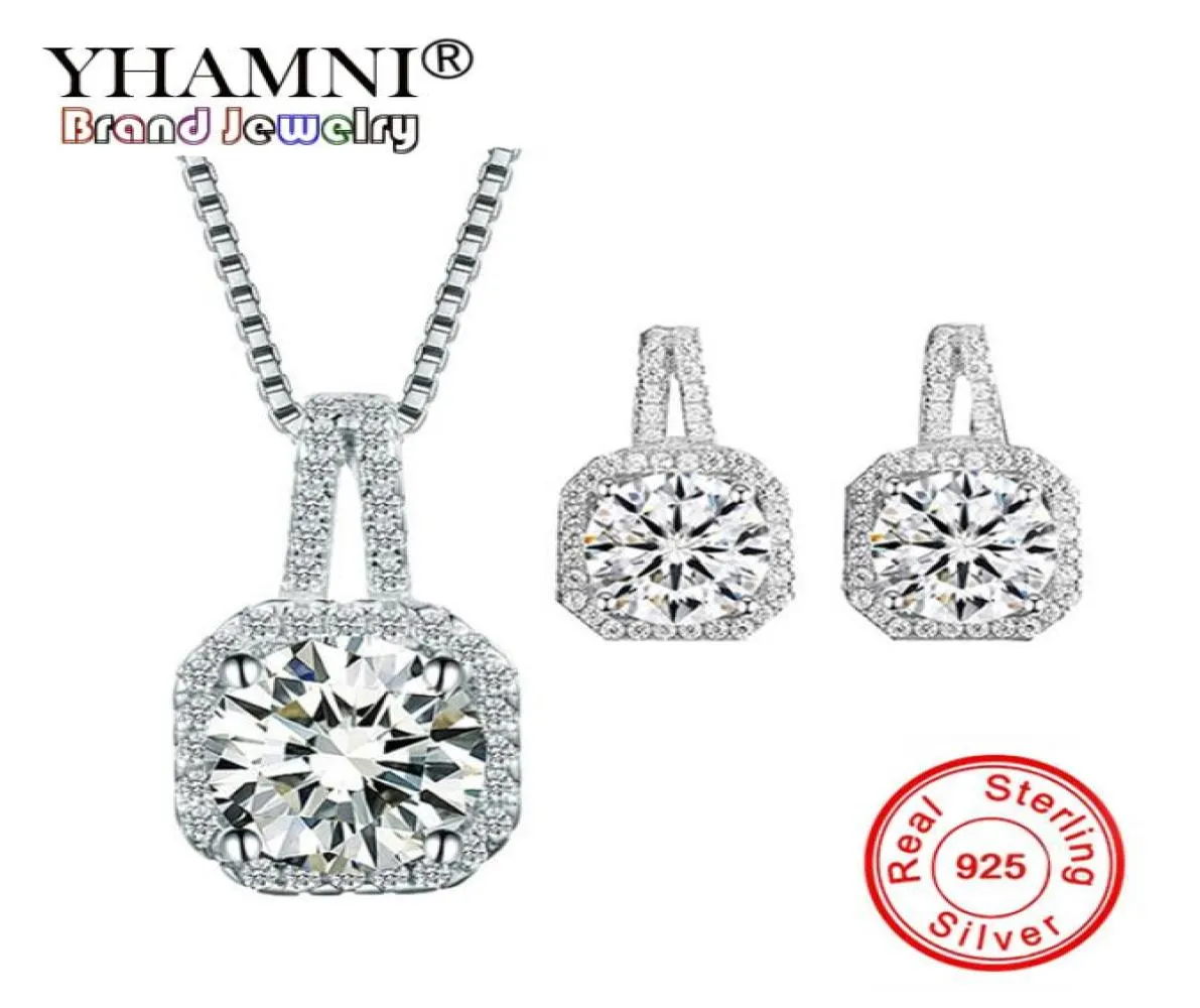 YHAMNI Solid 925 Sterling Silver Wedding Jewelry Sets for Women Princess Cubic Zircon Pendant Necklace Stud Earrings Sets TZ0094835270