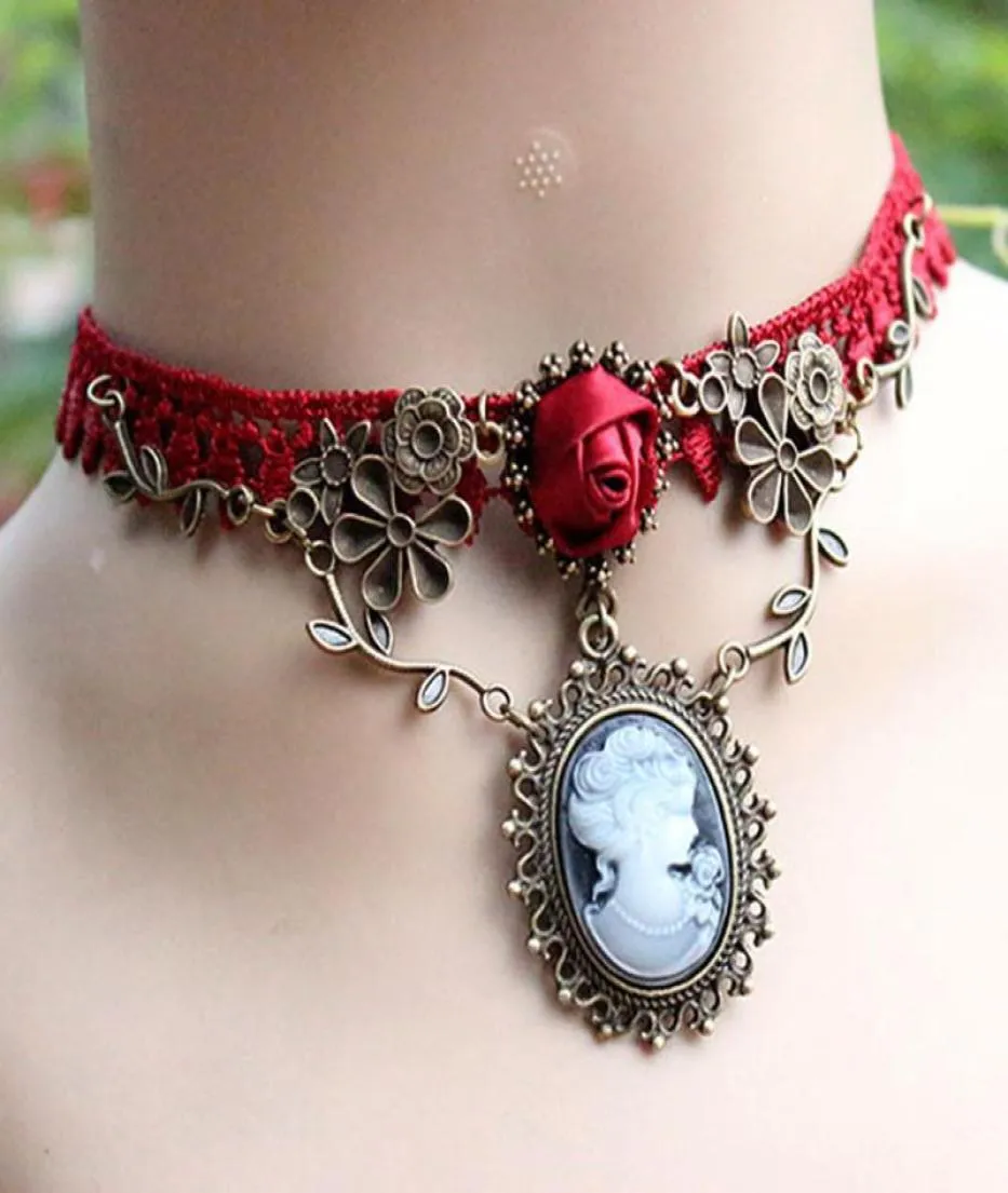 Pendanthalsband Stylish Cameo Red Rose Lace Fashion Halsband smycken Kvinnor gåva Xmas Ethnic Bohemian Choker 12232151342