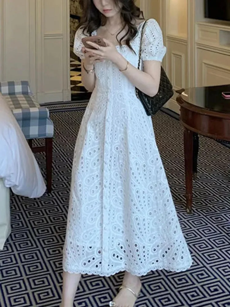 White Korean Chic A-Line Midi Dress with Puff Short Sleeves and Hollow Out  Detail for Summer from Dhgate Urban Sexy Dresses - price 48.78