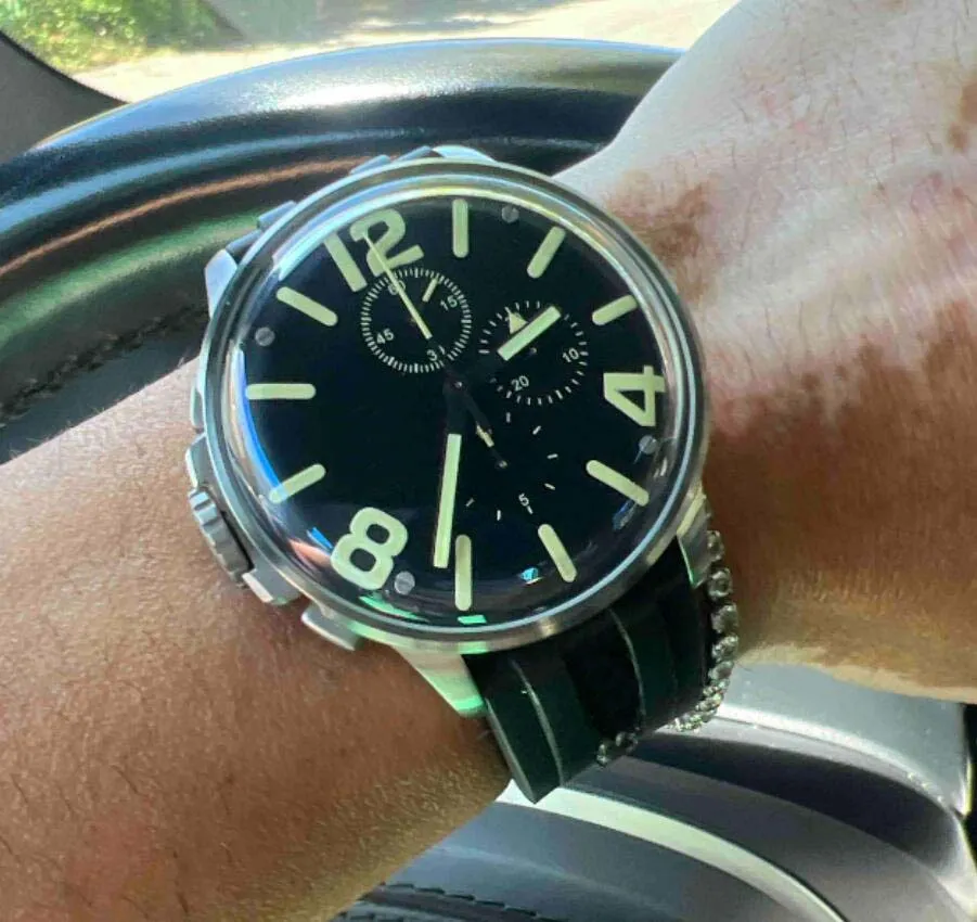 Super homens relógios 45mm mostrador preto Sapphire Luminous Japão multi-função movimento de quartzo cronógrafo caixa de aço 316 L pulseira de borracha premium 8111-A relógios de pulso masculinos