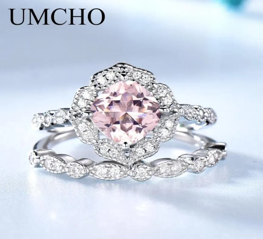 UMCHO Solid Sterling Silver Morganite Rings For Women Engagement Anniversary Band Ring Set Pink Gemstone Valentine039s Gift LY16079972