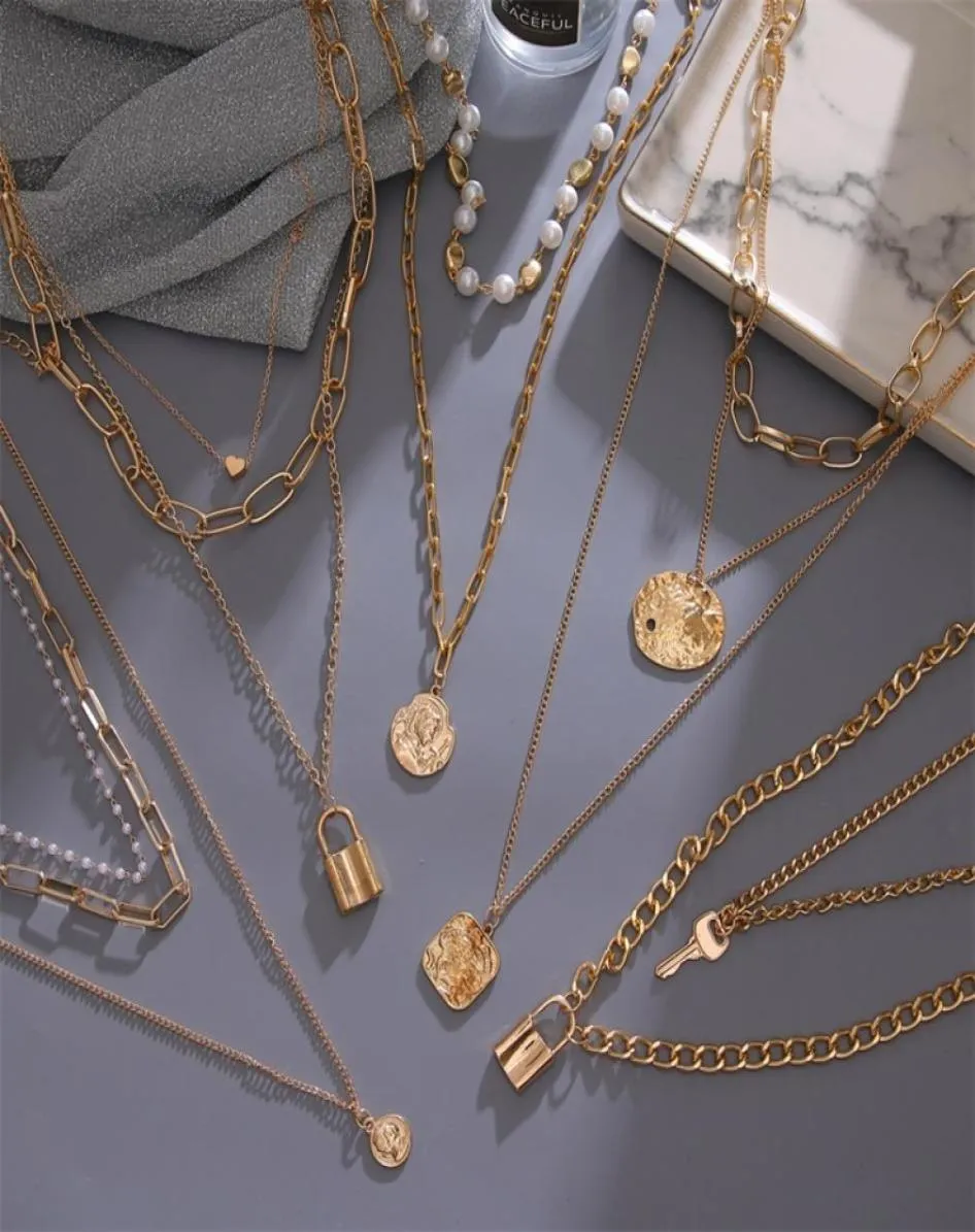 2021 Vienkim Vintage Muti Layered Chain Necklace for Women Gold Color Pearl Coin Statement Wide Pendant Halsband Collar Smycken N3277300