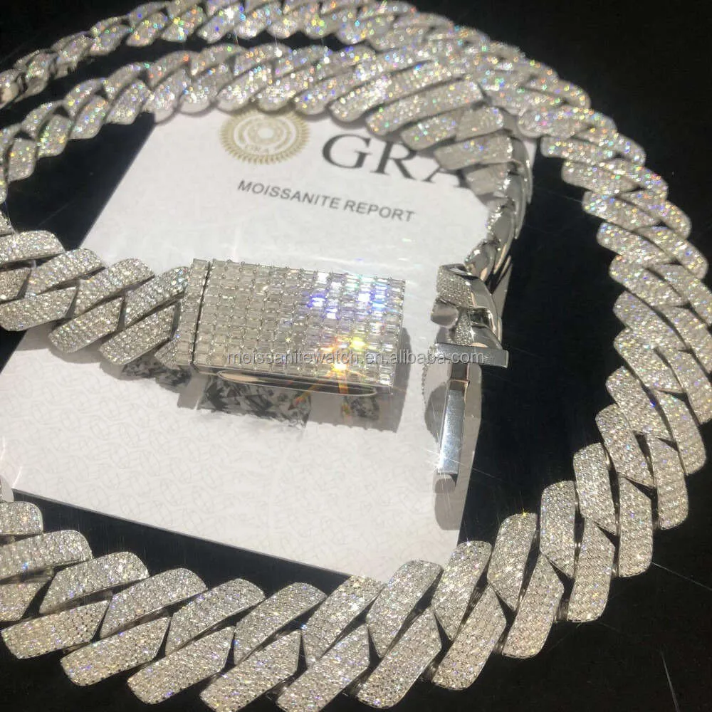 20 mm Fashion Best-Seller Men's Miami Cuban Chaîne Iced Iced Moisanite Diamond S925 Collier de bijoux hip hop à 18 km plaqué en argent