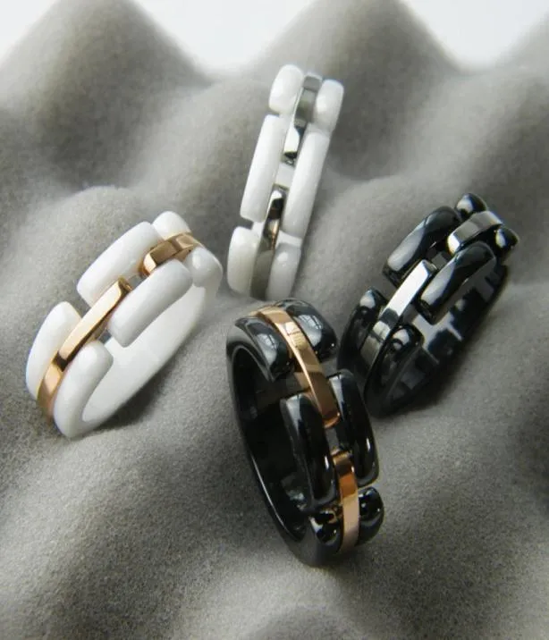 Nowa moda mody Lady 316 Stal Titanium Czarna biała ceramiczna zaręczyny ślubne 18k złote wąskie pierścienie Rozmiar 6119522981