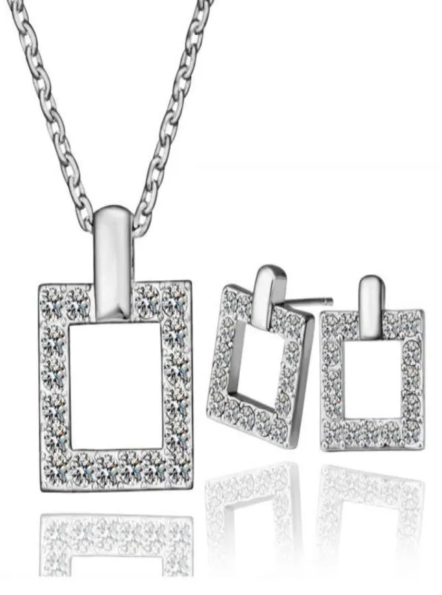 18K Platinum Plated Fashion Women Square SMEEXKE SETS Österrikiska kristallhängen Halsband Studörhängen för kvinnor1372702