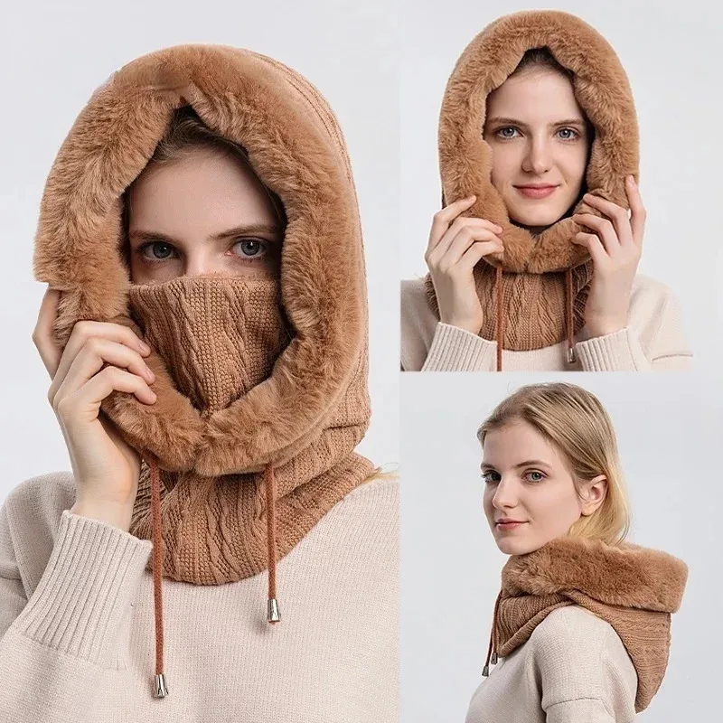 Chapéus de inverno Chapéus de pele de inverno Conjunto de máscara com capuz para mulheres de malha de caxemira pescoço quente Rússia esqui ao ar livre chapéu à prova de vento grosso pelúcia fofo gorros 231213