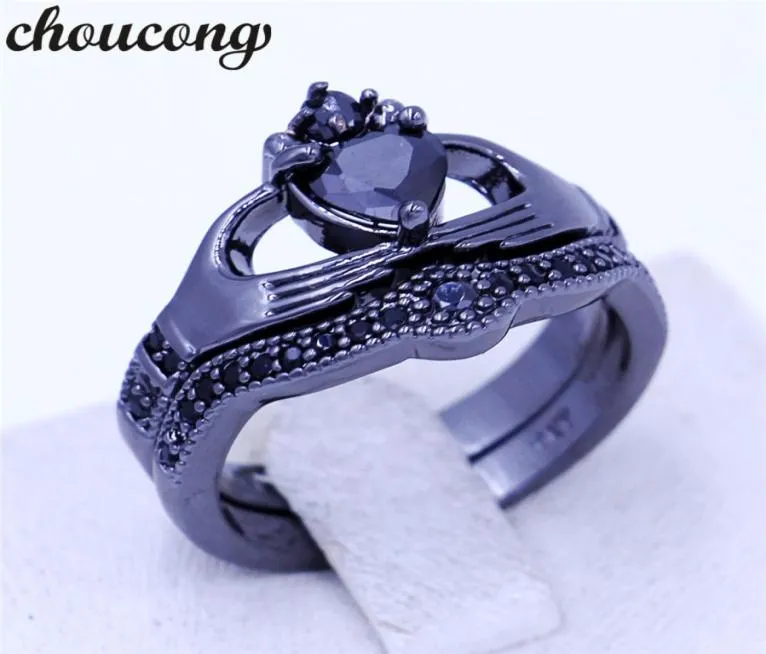 Choucong 4 Farben Geburtsstein Frauen Claddagh Ring 5A Zirkon CZ Schwarzes Gold gefülltes Ehering -Braut -Sets Ring für Frauen Männer5910283