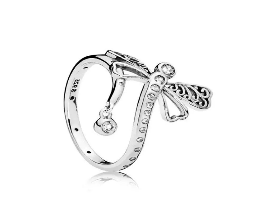 Clear CZ Diamond 925 Sterling Gümüş Alyans Seti Dreamy Dragonfly Ring için Orijinal Kutu Kadın Kızları Hediye Jewelry7750341