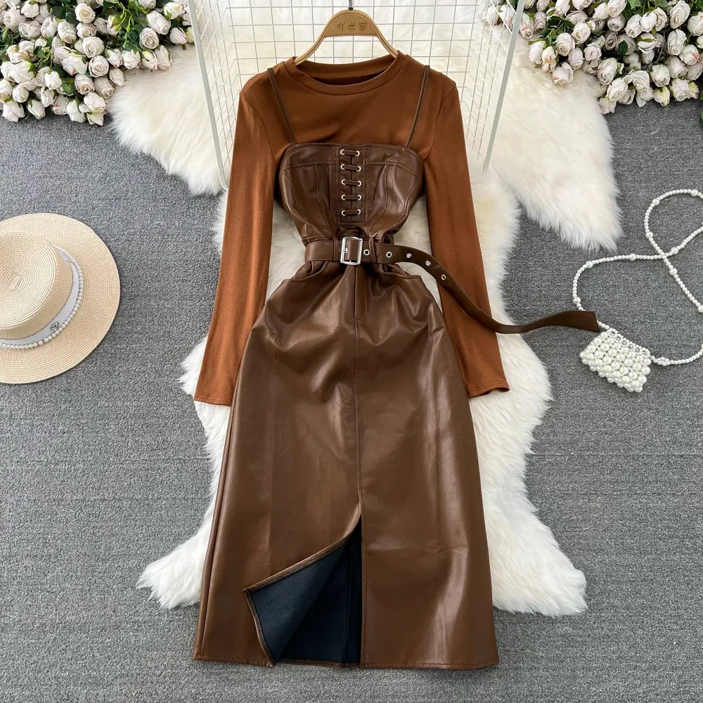 Vestido de dos piezas Conjunto casual de moda coreana para mujeres Vintage Lace Up Strapless PU Conjuntos de cuero High Street 2 trajes femeninos 231213