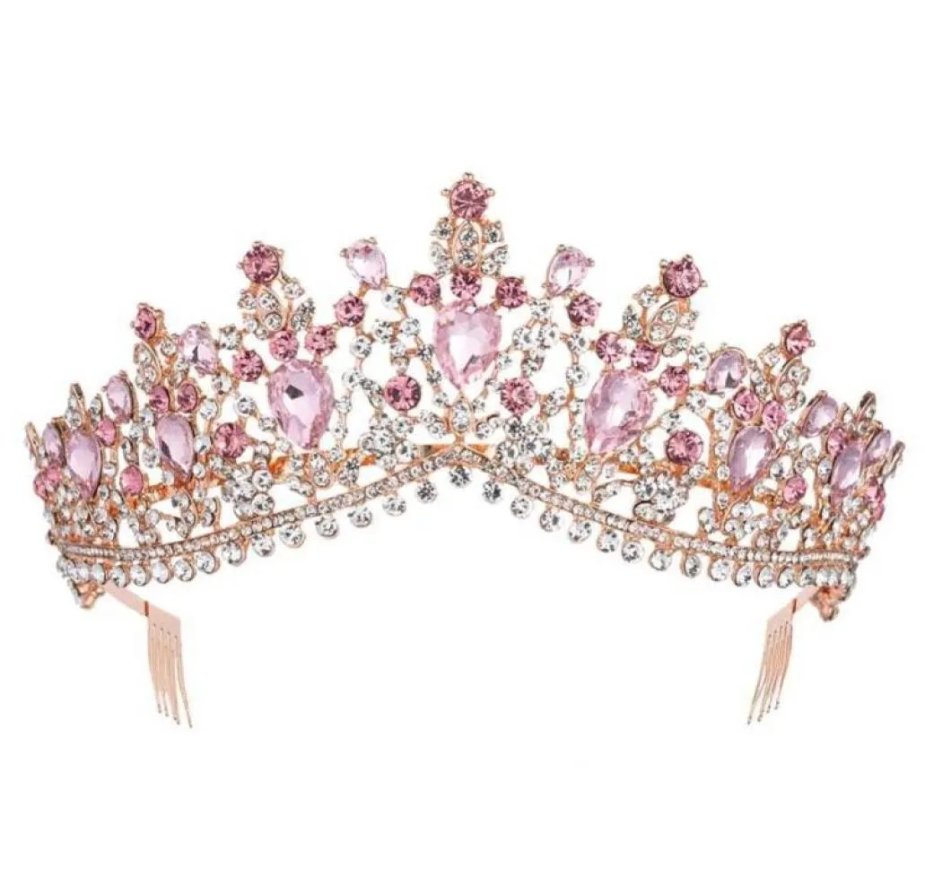 Corona di diadema da sposa in cristallo rosa oro rosa barocco con pettine Spettacolo di ballo di fine anno Accessori per capelli da sposa con fascia 2110065967674