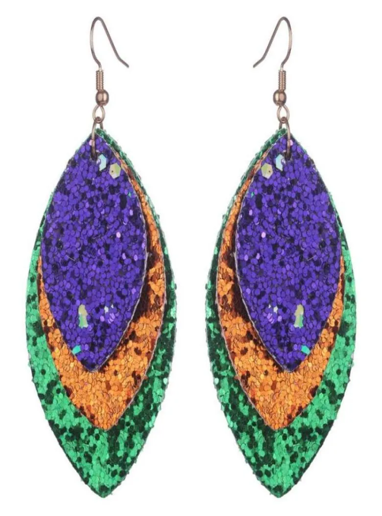 Lampadario pendente a strati oro viola verde glitter orecchini marquise in pelle per le donne regali di gioielli di carnevale Mardi Gras Wholes2859492