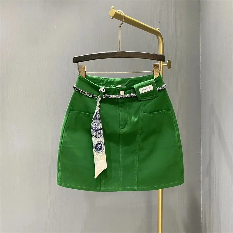 Ethnic Clothing Harajuku Green Short Jean Skirt for Women 2023 Summer Sexy High Waist Slimming A Line Denim Skirts Trendy Office Ladies 231213