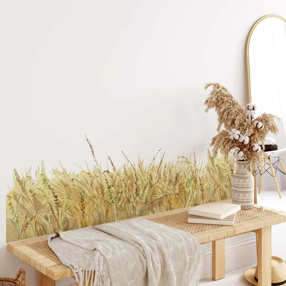 Yellow Wheat Nature Landscape Bulrush Reed Wall Stickers Baseboard Home Decorative Wall Decals Living Room Decor Wallpaper Mural