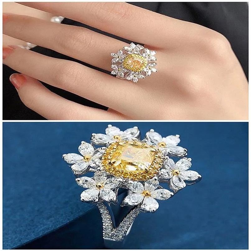6 Blumen 2 gelbe Kristall Citrin Edelsteine Diamanten Ringe für Frauen Weißgold Silber Farbe Schmuck Bague Hochzeitsgeschenke272f