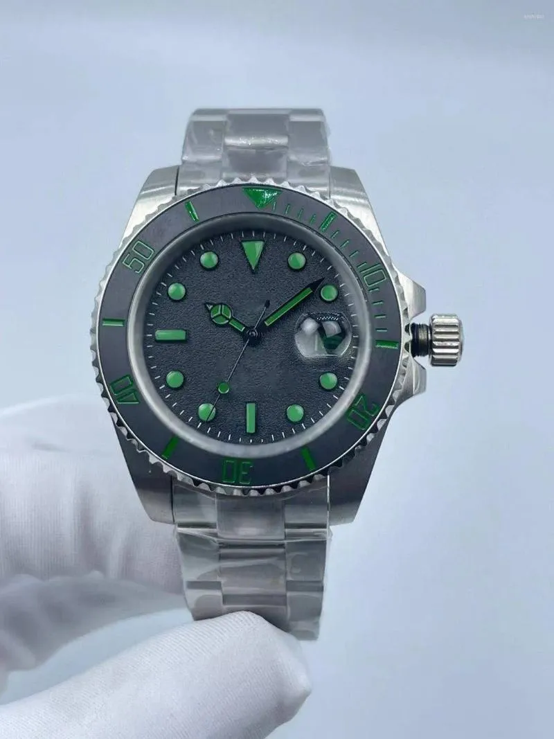 Relojes de pulsera Reloj para hombre SUB de 40 mm con esfera negra y escala verde: banda de acero de precisión