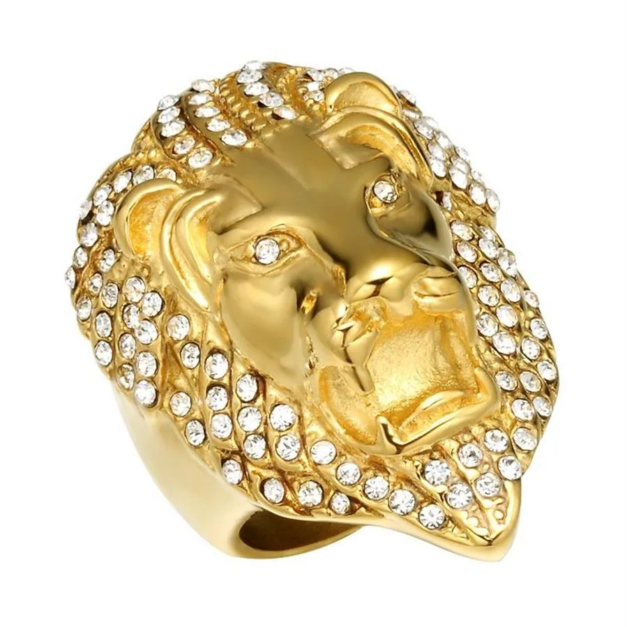 Lujoyce HIPhop Lion Head Ring Micro Pave Rhinestone Iced Out Bling Mens Ring IP Gold Filled Titanium Stainless Steel Rings for Men217V