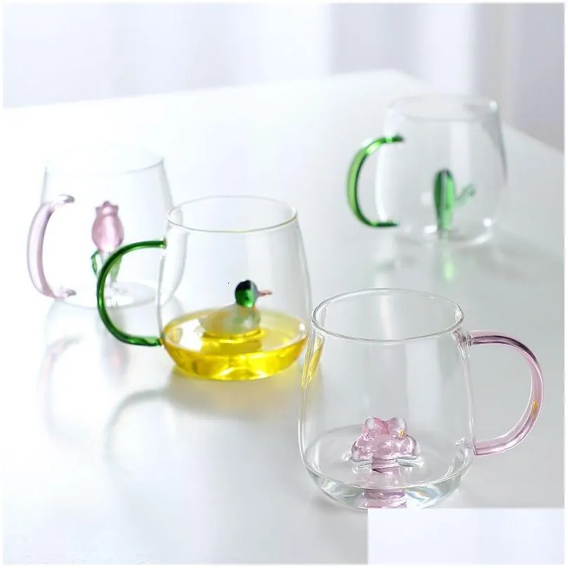 Tumblers Tumblers 3 NSIONAL 400ml 크리에이티브 3D 유리 머그 핸들 커피 밀크 차 아침 컵과 함께 귀여운 만화 동물 컵 참신한 Dhljh