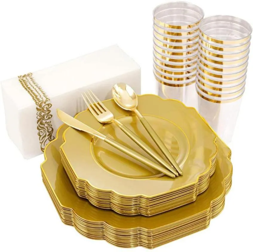 Dostępne zastawy stołowe 50 sztuk stołowych plastikowych płyt i Złotego Silverware Wedding Birthday Party Dekoracje 5722833