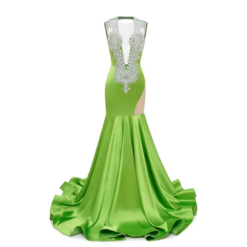 Green Mermaid Prom Dress 2024 Sexy Sheer V Neck Beads Crystals Ruffles