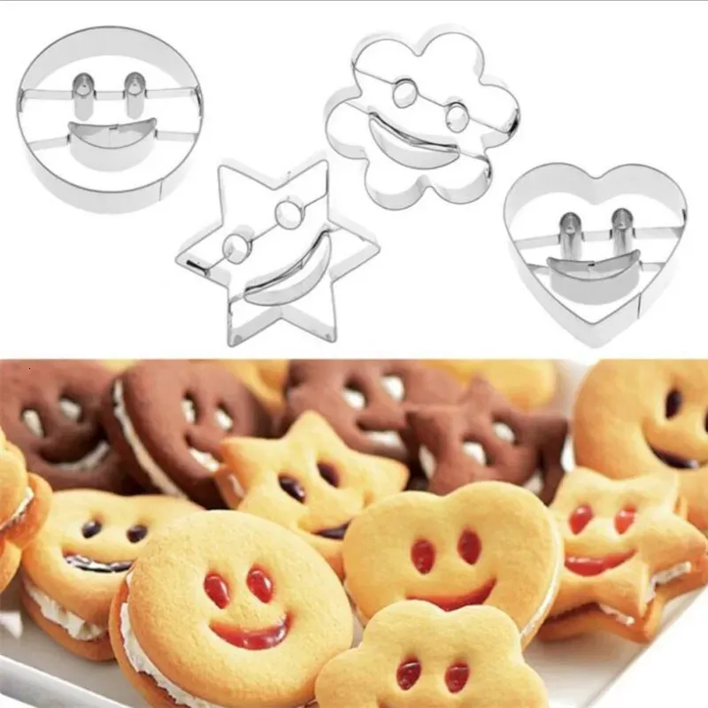 Moules de cuisson 4 pièces smiley en acier inoxydable emporte-pièce Biscuit moule Fondant gâteau outils de cuisson sucre biscuit moule 231213