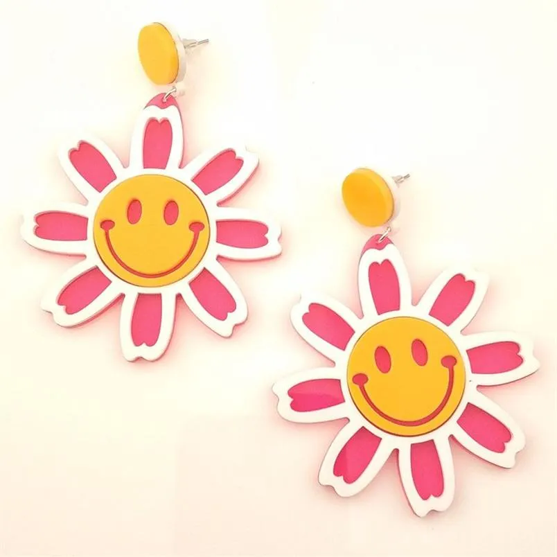 Neue süße Smiley-Blume, große Baumeln-Ohrringe für Frauen in 3 Farben, klare Acryl-Ohrringe, Modeschmuck, Accessoires289S