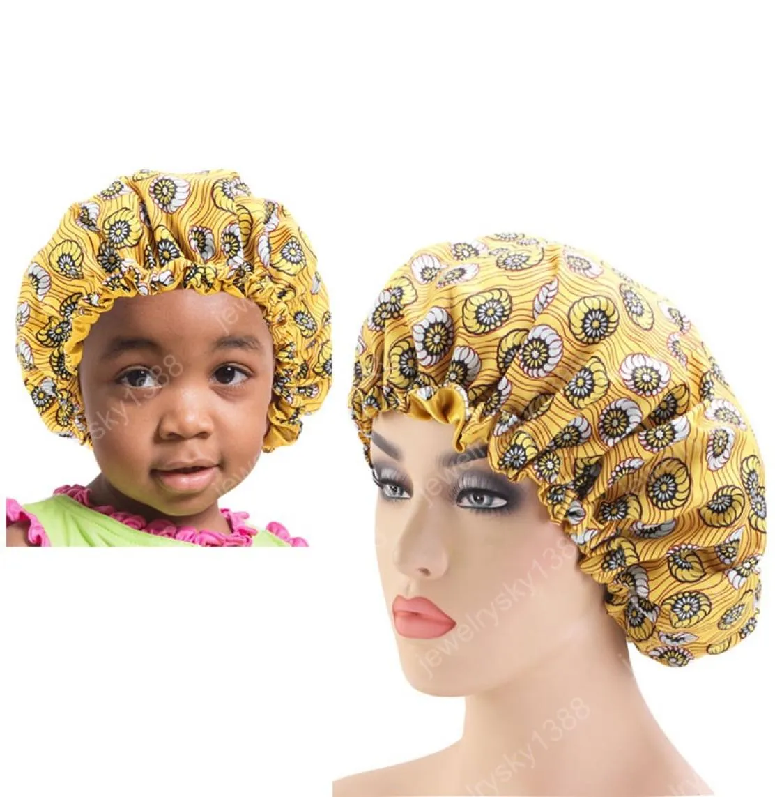 2pcsset fläck silkeslen stor motorhuv för förälder barn afrikansk tryck ankara motorhuv kvinnor barn sömn cap headwrap hatt hår wrap7978872