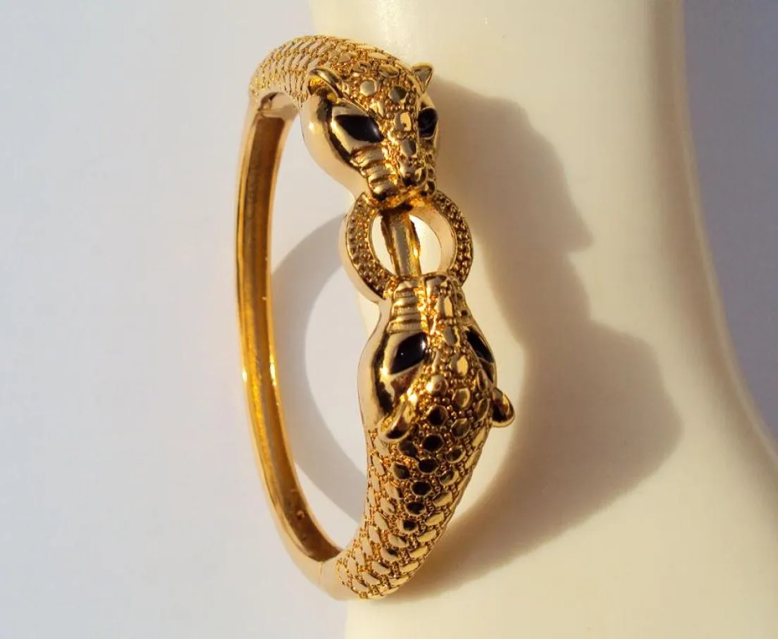 Leopard Black Eyes 22K 23K 24K Thai Baht Yellow Solid Gold GP smycken Bangle Armband Heavy 43G BA183034895