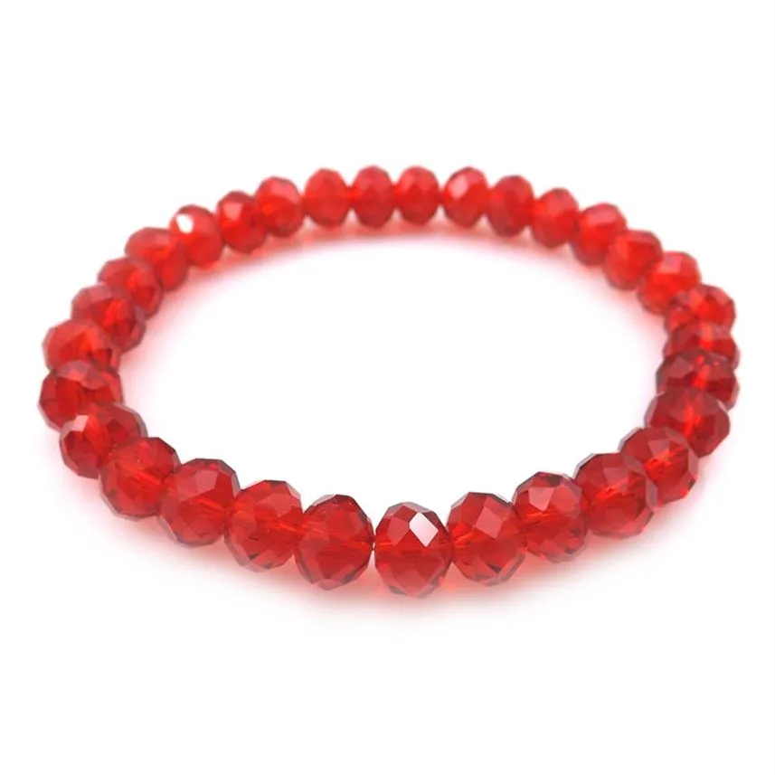 Röd färg 8mm fasetterad kristallpärlband för kvinnor Enkel stil stretchiga armband 20 st mycket hela168v