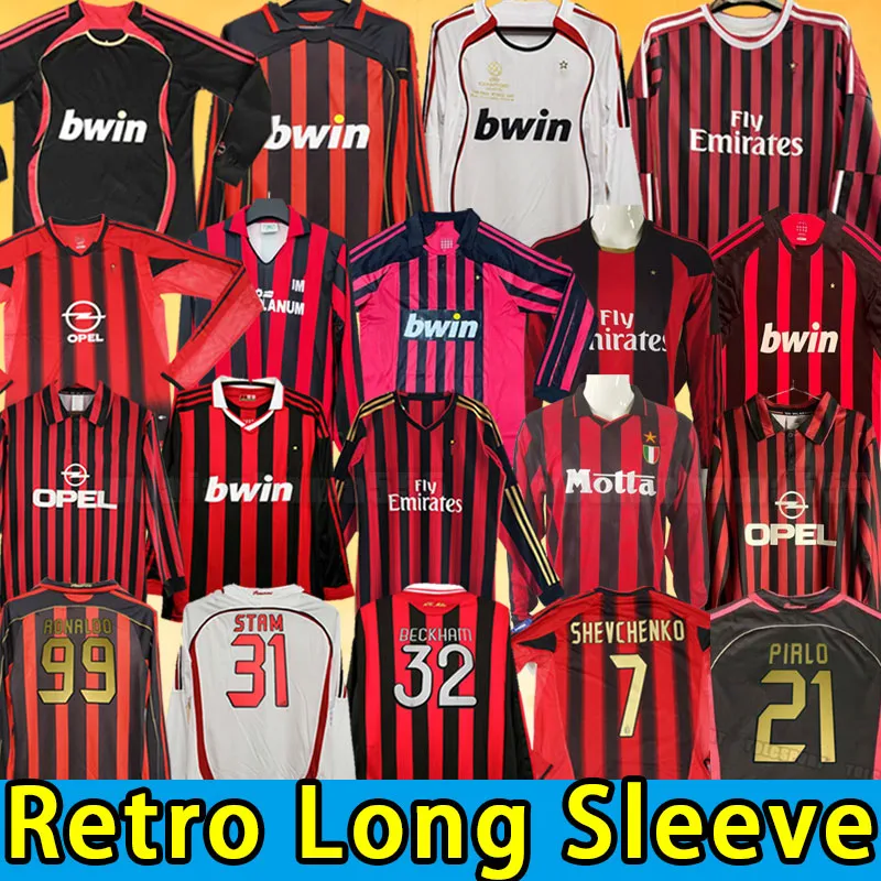 Långärmad retro fotbollströjor 06 07 08 09 10 14 15 99 00 88 89 04 05 11 12 2007 Kaka Baggio Maldini van Basten Pirlo Inzaghi Beckham Gullit Shevchenko Vintage Milan