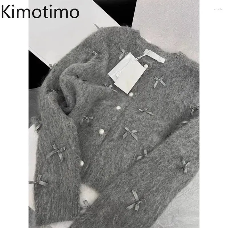 Damenstrickpullover Kimotimo Grauer Schleifenpullover 2023 Herbst Winter Frauen Temperament Hochwertiger, weicher, klebriger Mohair-Strickjacke Duftender Mantel