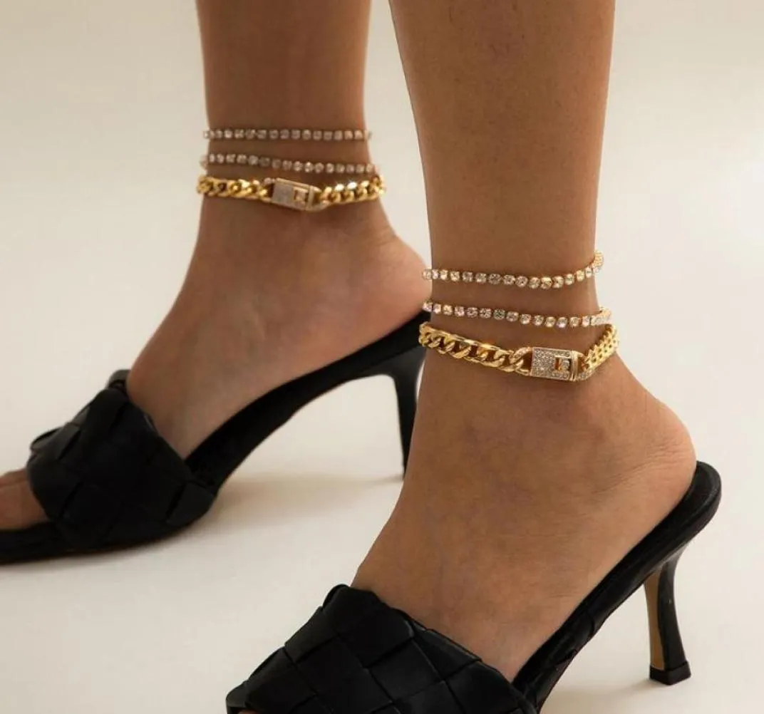 Bracelets de cheville à la mode multicouche cristal ensemble pour femmes filles or chaîne épaisse cheville pied cheville Bracelet jambe bijoux 7888231