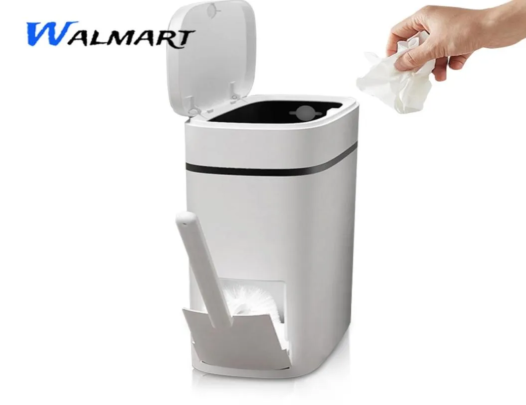 Smart 14L One Key Button Trash Bin Can for Toilet with brush lid Household Bathroom Narrow Seam Trash Can Waste Garbage Bins LJ22940309