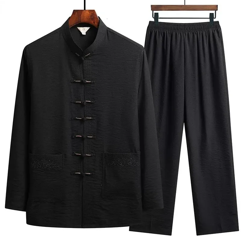 Abbigliamento etnico Set tradizionale cinese Uomo Autunno Fibbia in lino Camicia Kung Fu Orientale Retro Top Pantaloni Tai Chi Uniformi traspiranti Hanfu 231212