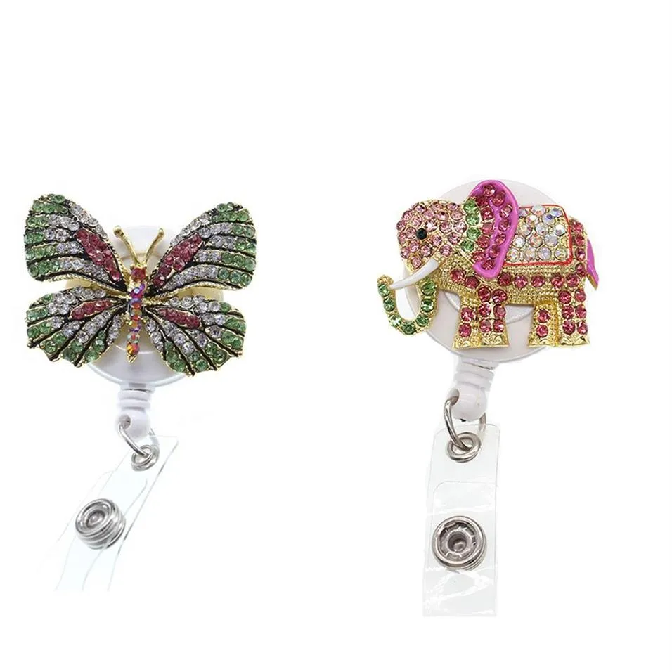 10pcs / lot porte-clés scintillants strass médecin symbole animal papillon forme d'éléphant porte-badge rétractable pour Nur2818