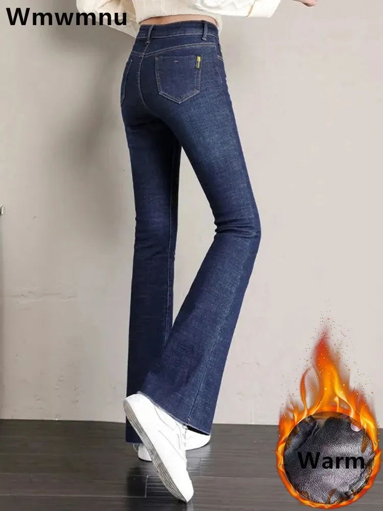 Kvinnors jeans retro plysch fodrad flash vinter varm avslappnad tät vaqueros tjock elastisk denim byxor hög midja klockbotten 231213