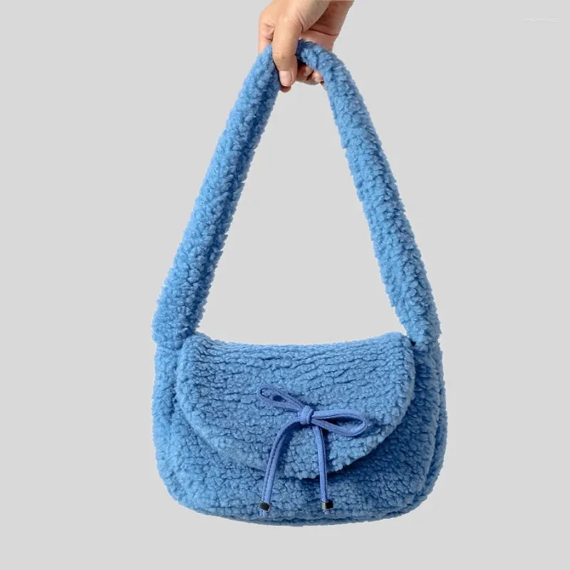 Bolsas de noche Bow Lambswool Saddle Hombro Lindo Imation Lana Crossbody Bolsa de piel sintética Mujeres Casual Felpa Invierno Pequeños Monederos 2024