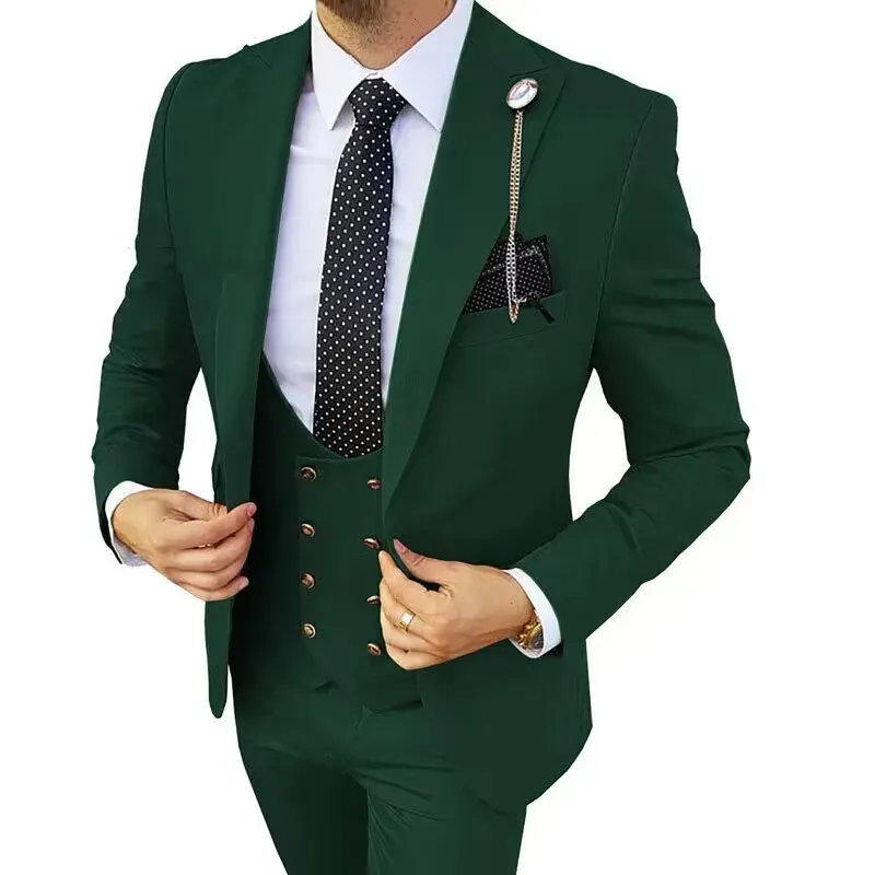 Męskie garnitury Blazers Mężczyzna męski Mężczyzn Mężczyźni Zielone Slim Fit Formedo Formal Business Work Wear 3PCS SETS KURTHPANTSVEST 231212