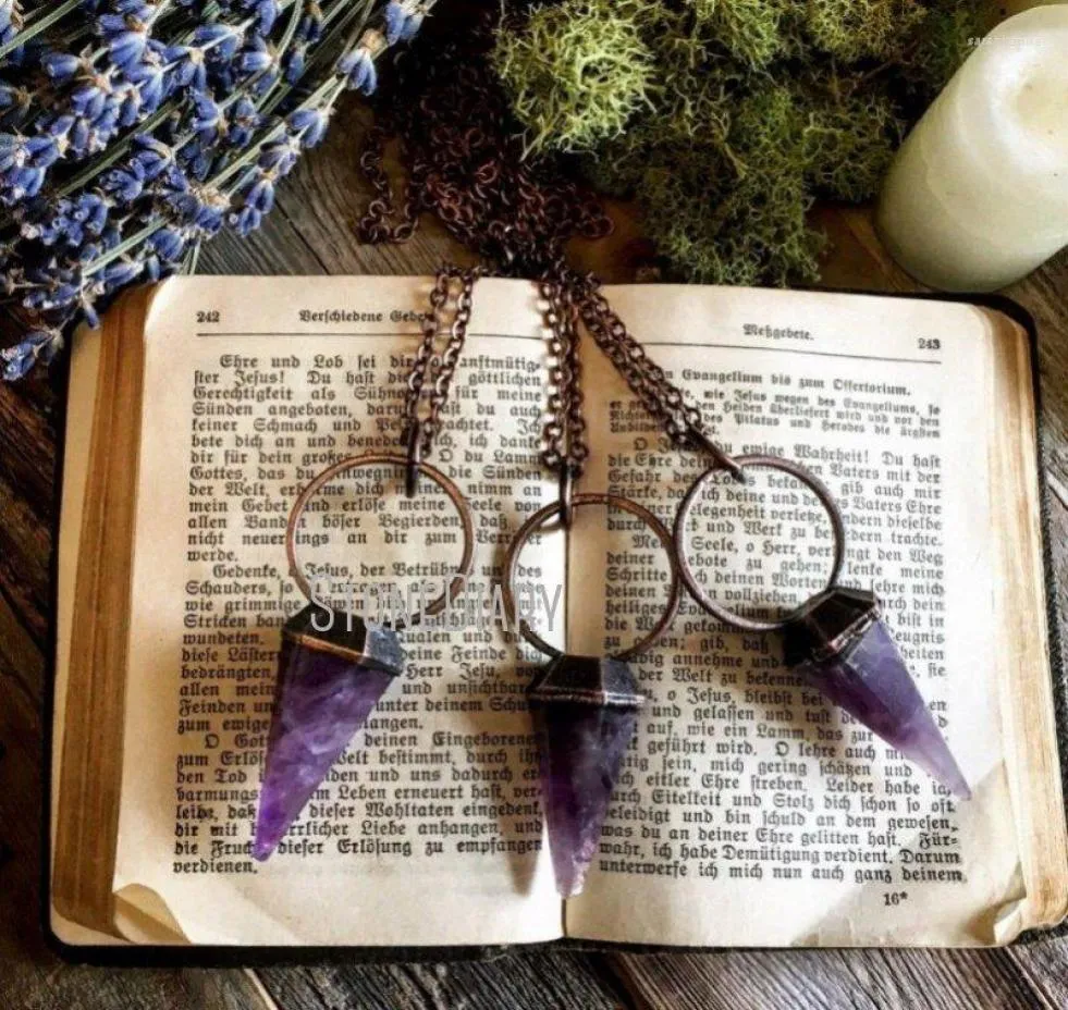 Pendanthalsband NM35281 Stor Crystal Amethyst Necklace Pendulum Purple Stone Witch Gothic Jewelry7080781