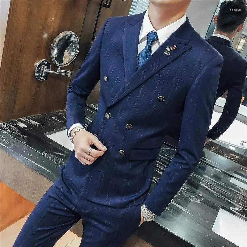 Men's Suits Est Fashion Striped 3 PCS Double Breasted Groom Suit Wedding Tuxedos Formal Business Casual Wear