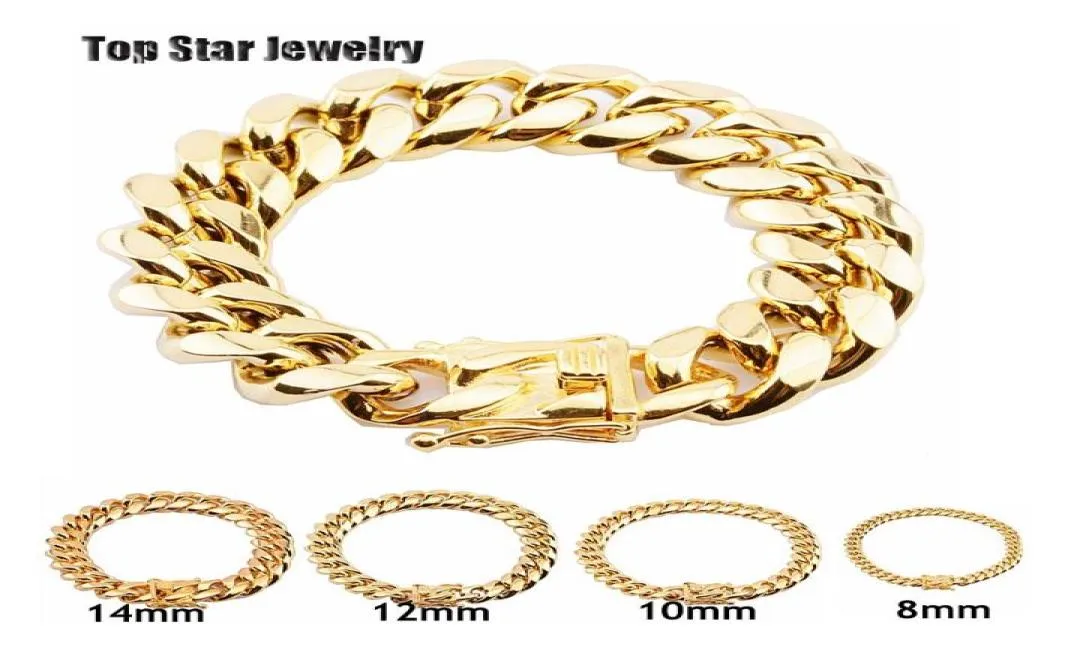 8mm10mm12mm14mm16mm18mm Pulseiras de aço inoxidável 18K banhado a ouro alto polido Miami Cuban Link Homens Punk Curb Chain Butterfl4937237