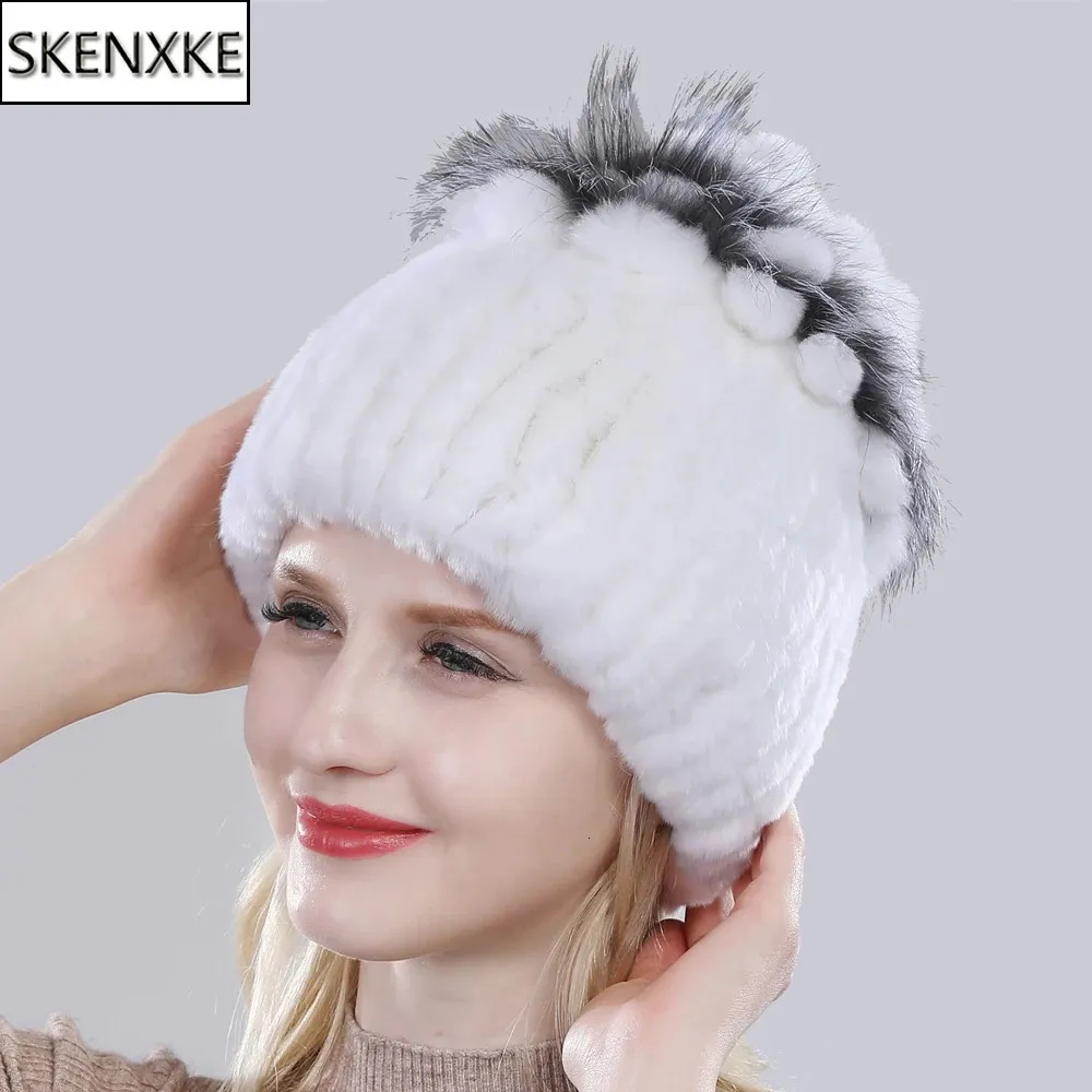 Cappelli Sciarpe Set Russia Cappello di vera pelliccia di qualità invernale Cappello di coniglio Rex caldo naturale Lady lavorato a maglia 100 Genuino 231213