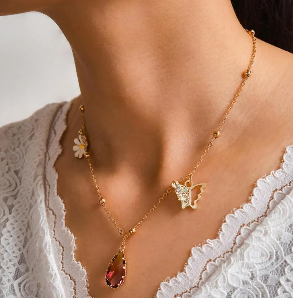 Huatang Boho Crystal Water Drop Butterfly Pendant Necklace for Women Lovely Daisy Long Chain Female Collares The Neck 2087536