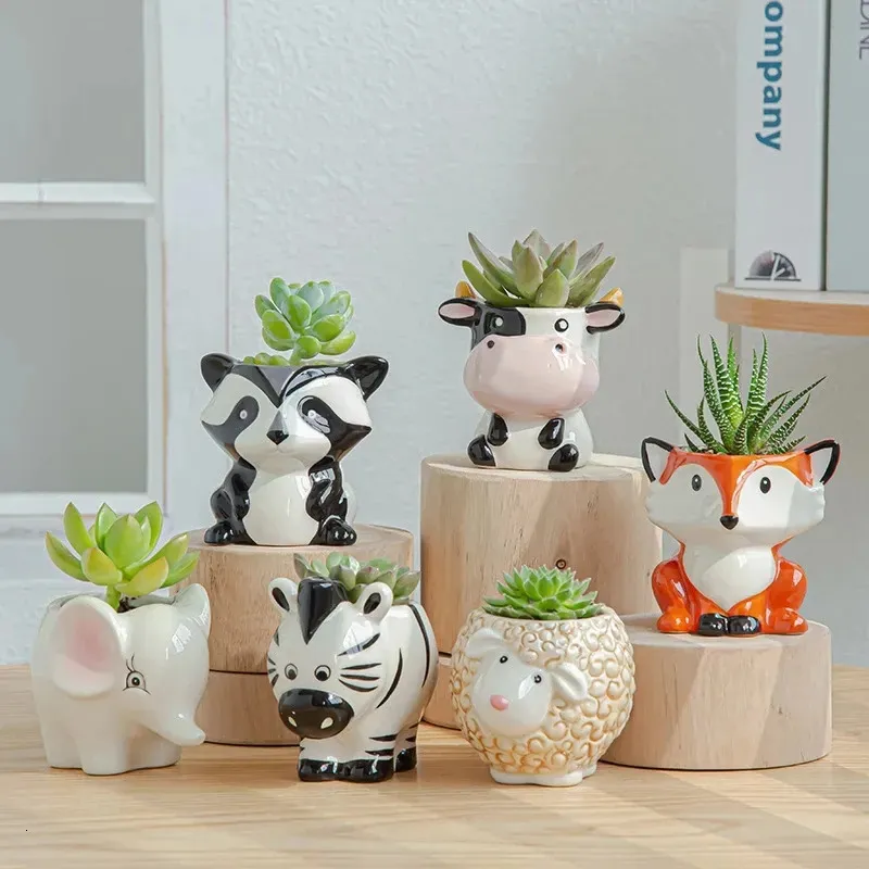 Vases Style nordique en céramique Animal Pot de fleur dessin animé zèbre mouton tête de vache Mini plantes succulentes bonsaï Pots décoration de la maison 231212