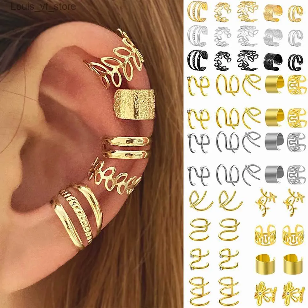 Charm Kisswife Gold Color Leaves Ear Cuff Black Non-Piercing Ear Clips Fake Broskörörhängen Klippörhängen Kvinnliga smycken Partihandel T231213